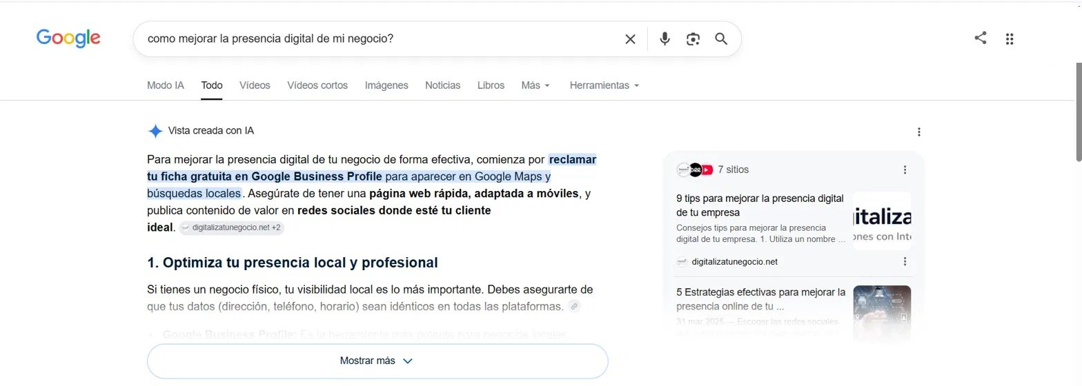 Resultado de Google recomendando una web rápida y adaptada al móvil